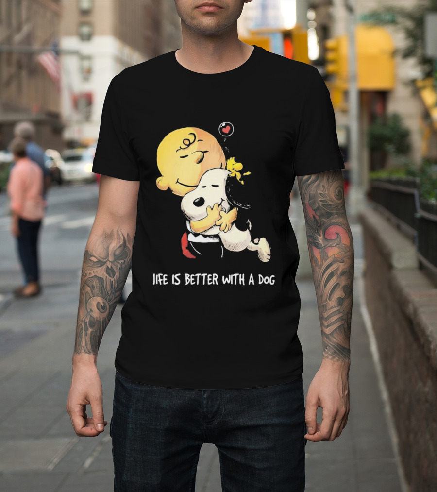 Snoopy Charlie Brown Life Is Better With A Dog Hugging Heart T-Shirt
