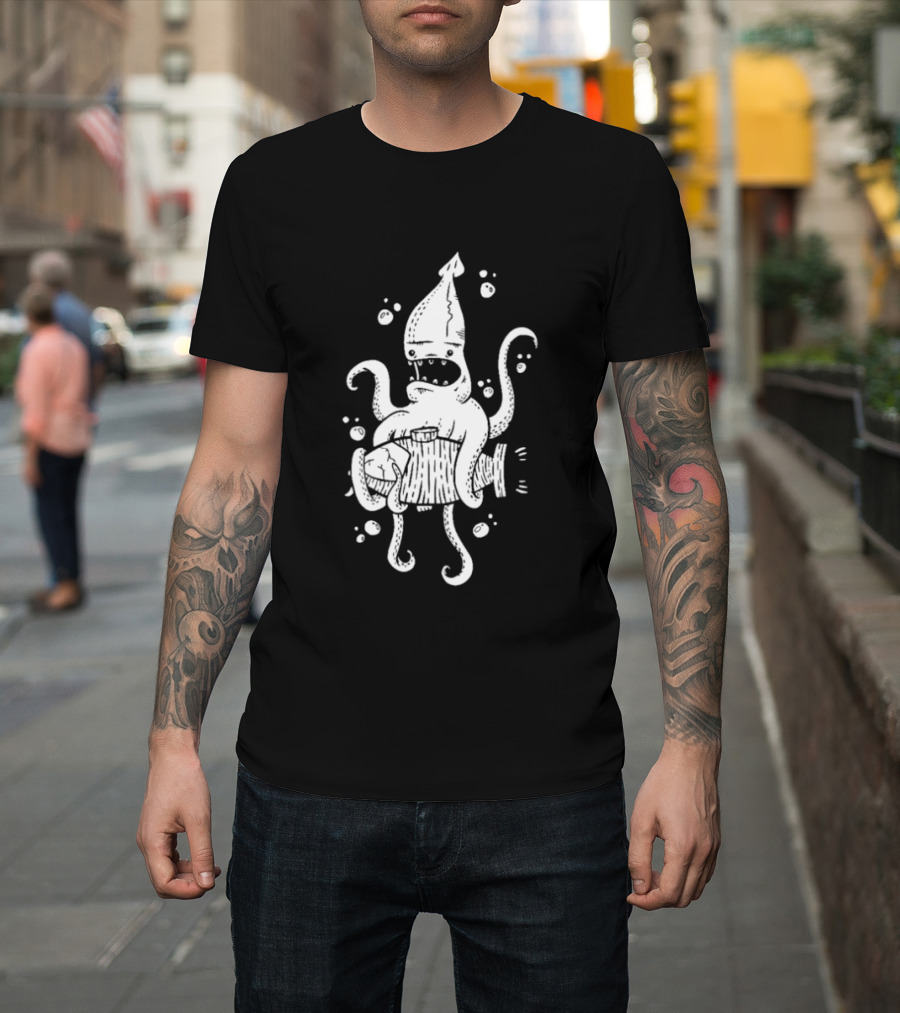 Squid Monster With Barrel Sea Creature Ocean Adventure T-Shirt