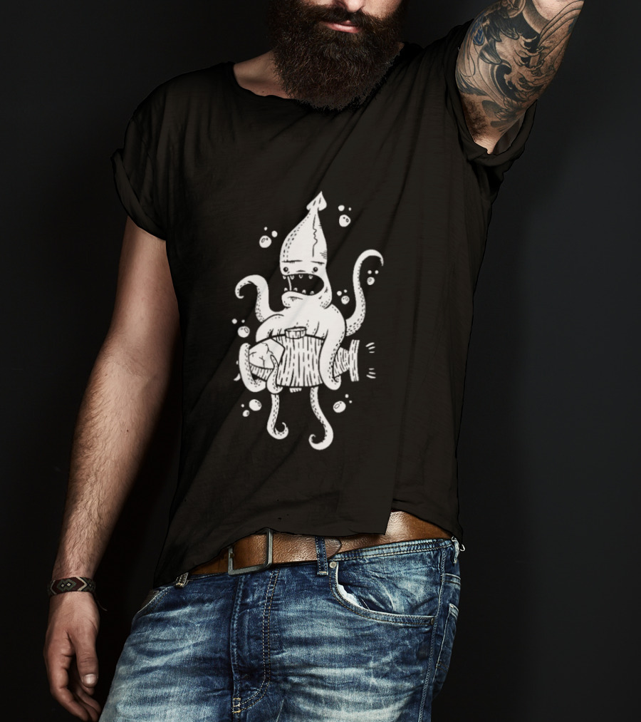 Squid Monster With Barrel Sea Creature Ocean Adventure T-Shirt