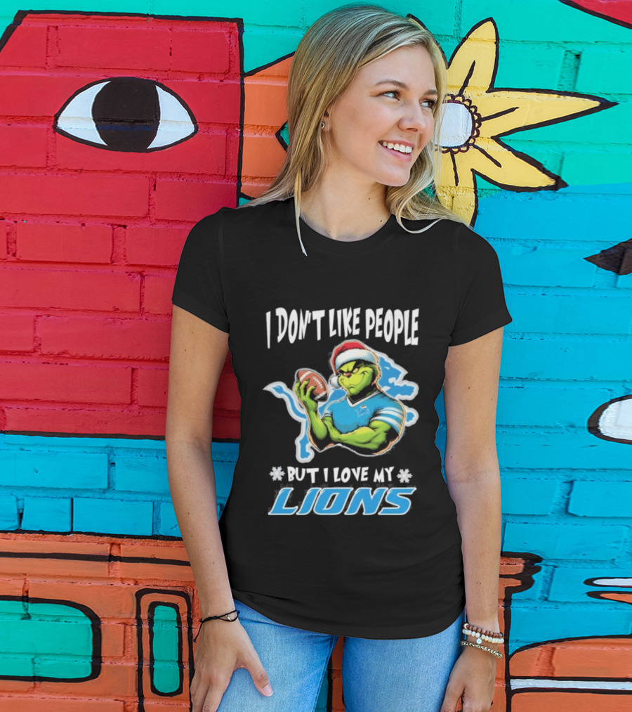 I Don't Like People But I Love My Lions Christmas Grinch Football Fan 2025 T-Shirt