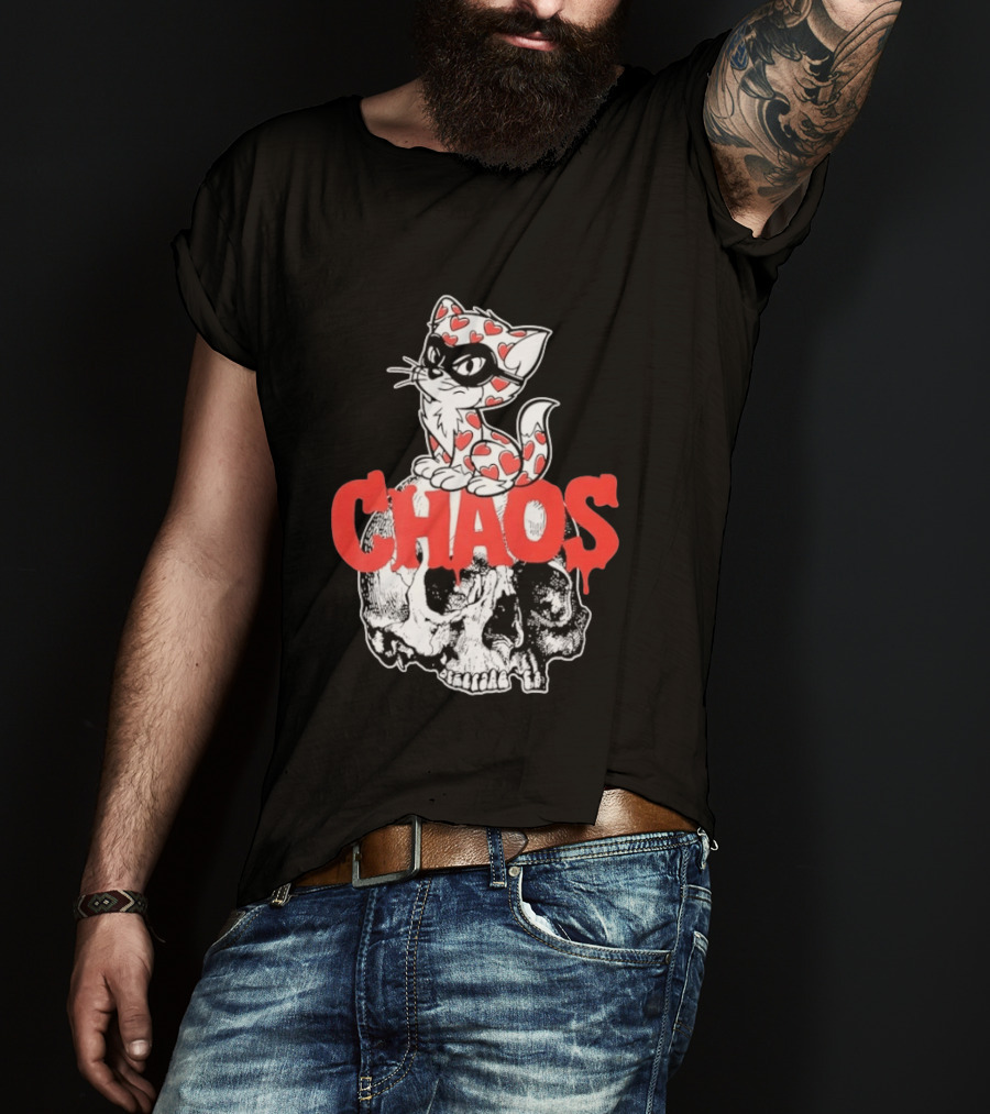 Chaos Cat Heart Pattern Masked Skull T-Shirt