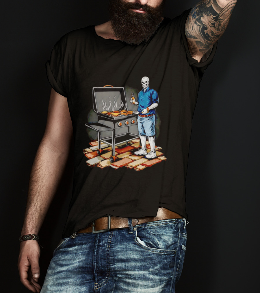 Skeleton Grilling BBQ With Beer And Burgers T-Shirt