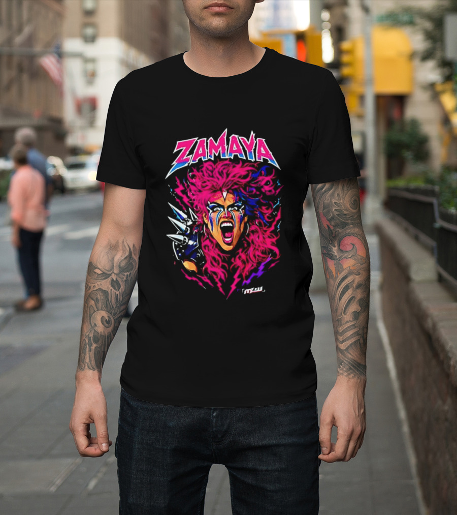 Zamaya Warrior Screaming Pink Hair Spiked Shoulder Pad T-Shirt