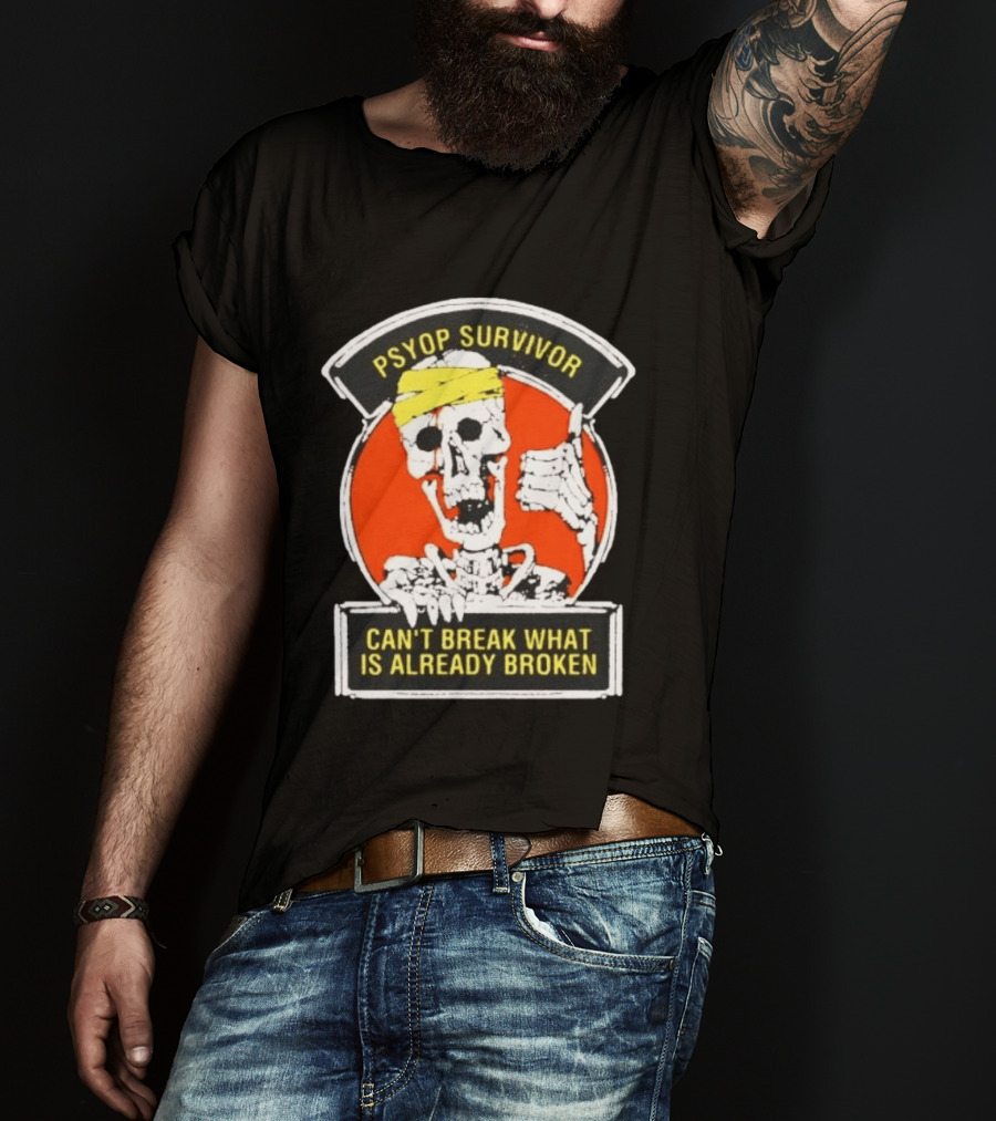 Psyop Survivor Skeleton Can't Break What Is Already Broken Yellow Bandana Thumbs Up T-Shirt