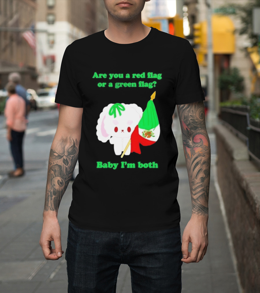 Nonomochi Mexico Flag Are You A Red Flag Or A Green Flag Cute Bunny Holding Mexican Flag T-Shirt