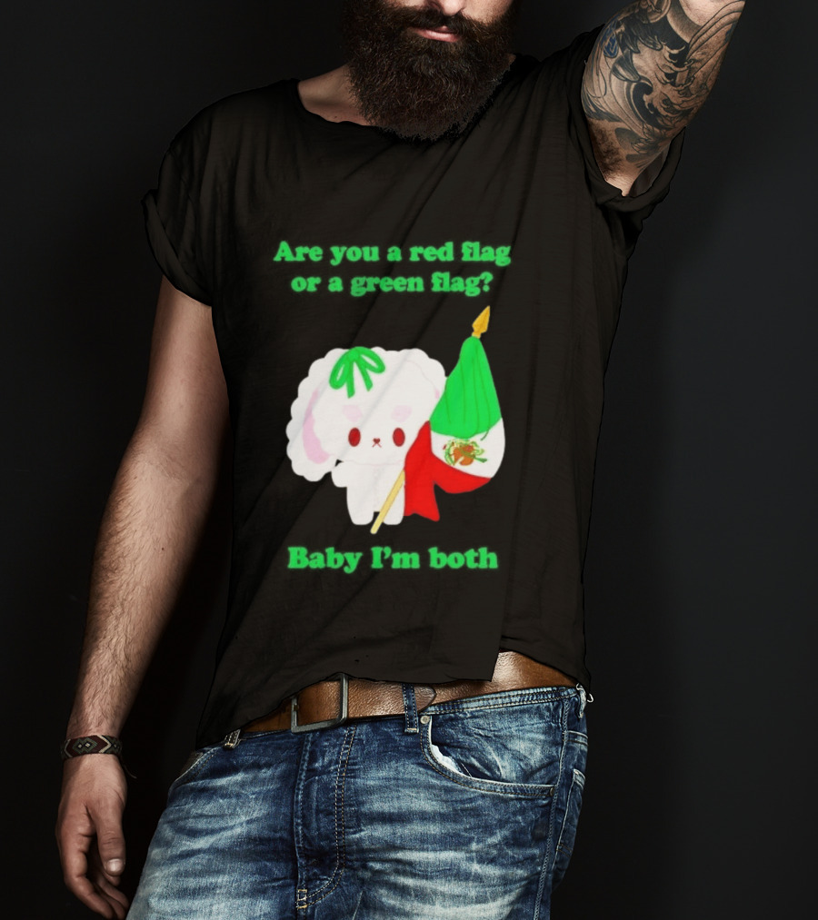 Nonomochi Mexico Flag Are You A Red Flag Or A Green Flag Cute Bunny Holding Mexican Flag T-Shirt