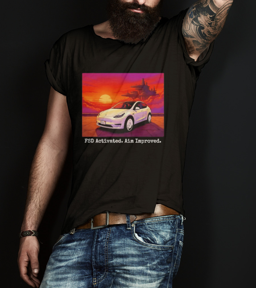 Tesla Model Y FSD Activated Aim Improved Sunset Futuristic City Scene T-Shirt
