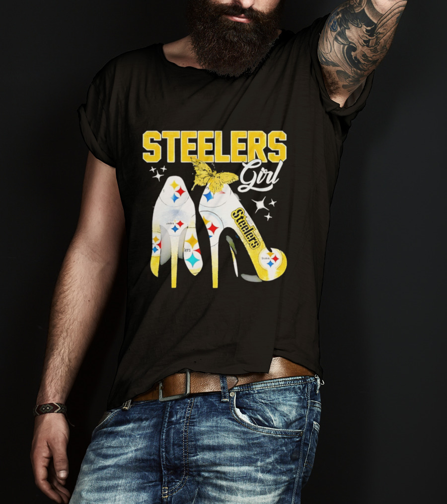 Steelers Girl High Heels With Butterfly And Stars T-Shirt