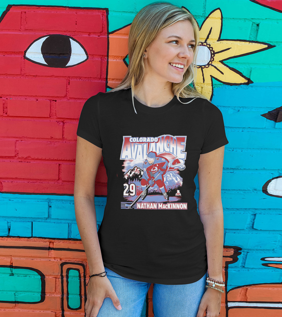 Colorado Avalanche Nathan MacKinnon 29 Hockey Mountain Scene T-Shirt