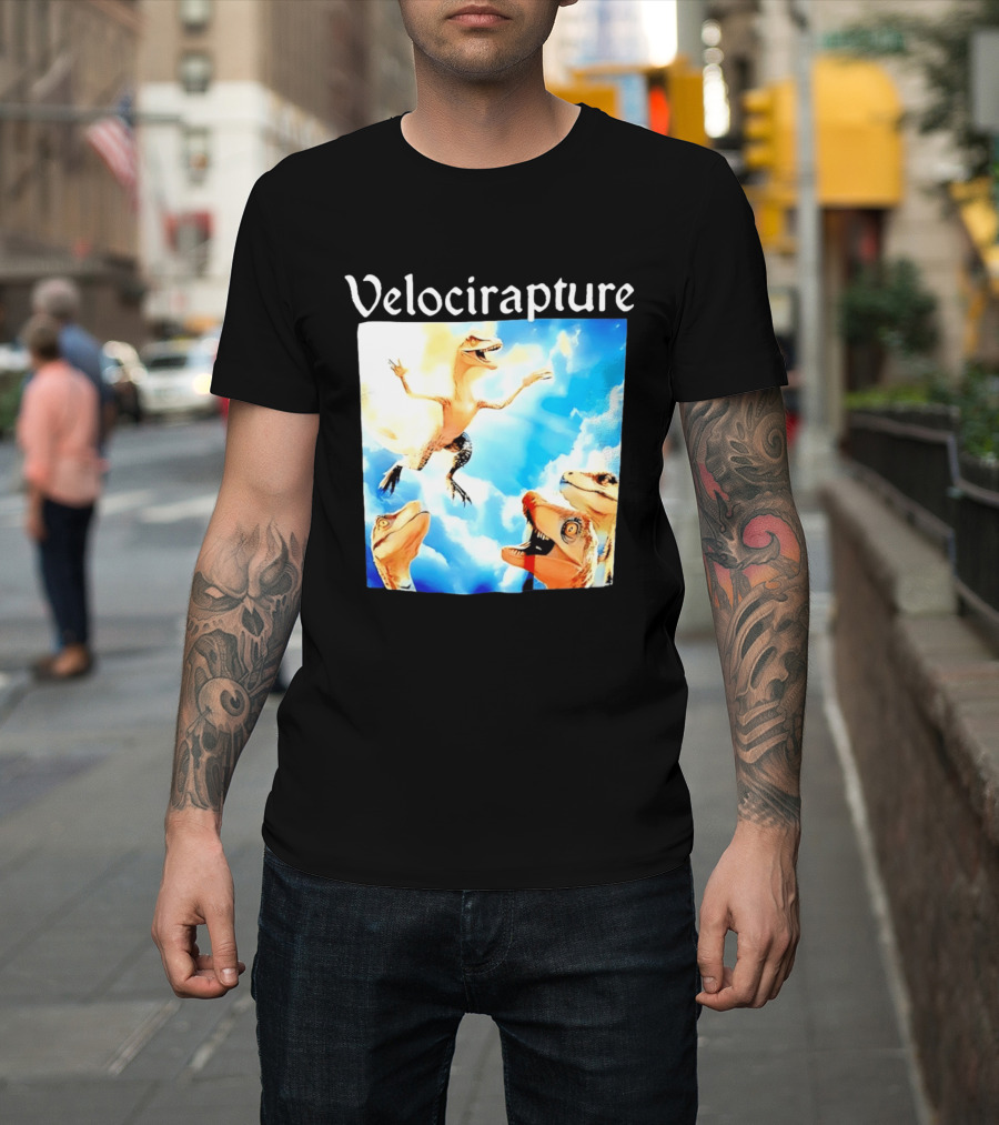 Velocirapture Dinosaur Raptor With Clouds And Blue Sky T-Shirt