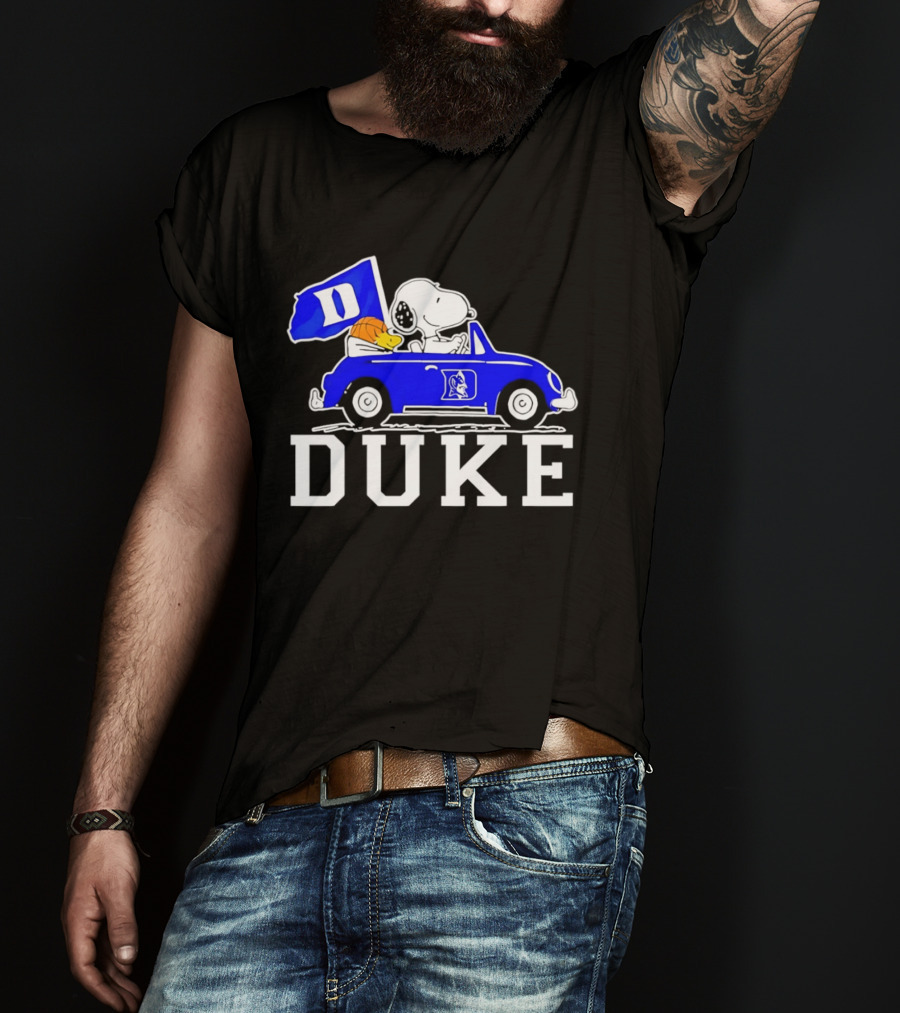 Snoopy And Woodstock Driving Duke Blue Car With Duke Blue Devils Flag T-Shirt