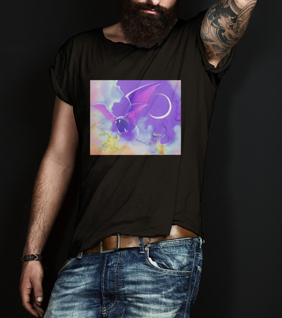 Spooky Bat With Pink Wings Flying Under Crescent Moon Halloween Night Scene T-Shirt