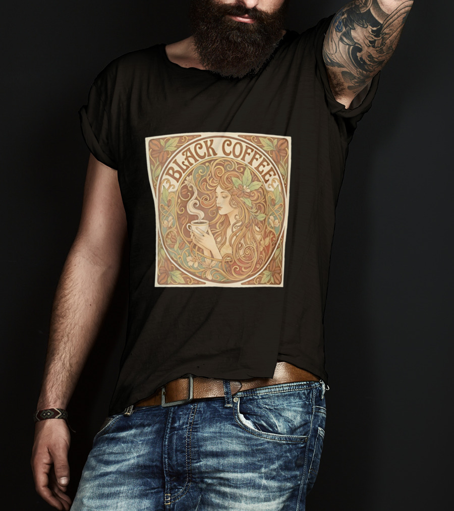 Black Coffee Nouveau Floral Steaming Art Deco T-Shirt