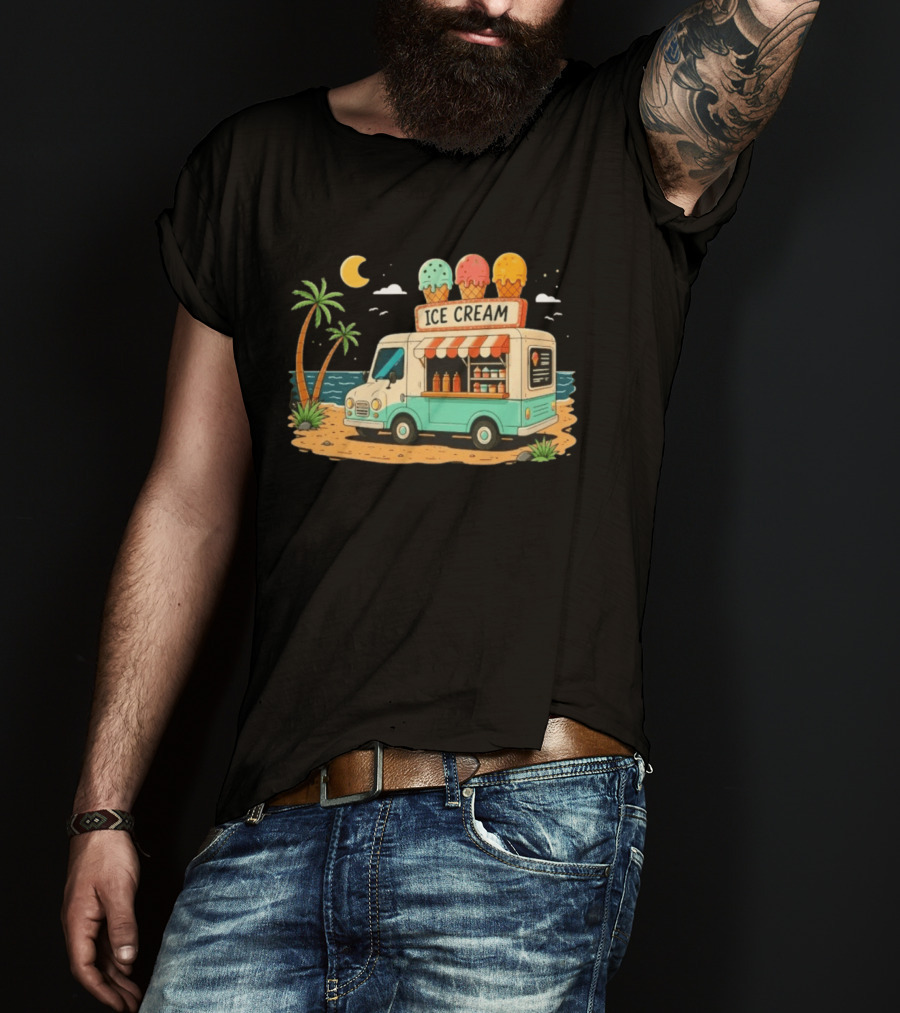 Ice Cream Truck Beach Night Tropical Ocean Summer Waves T-Shirt