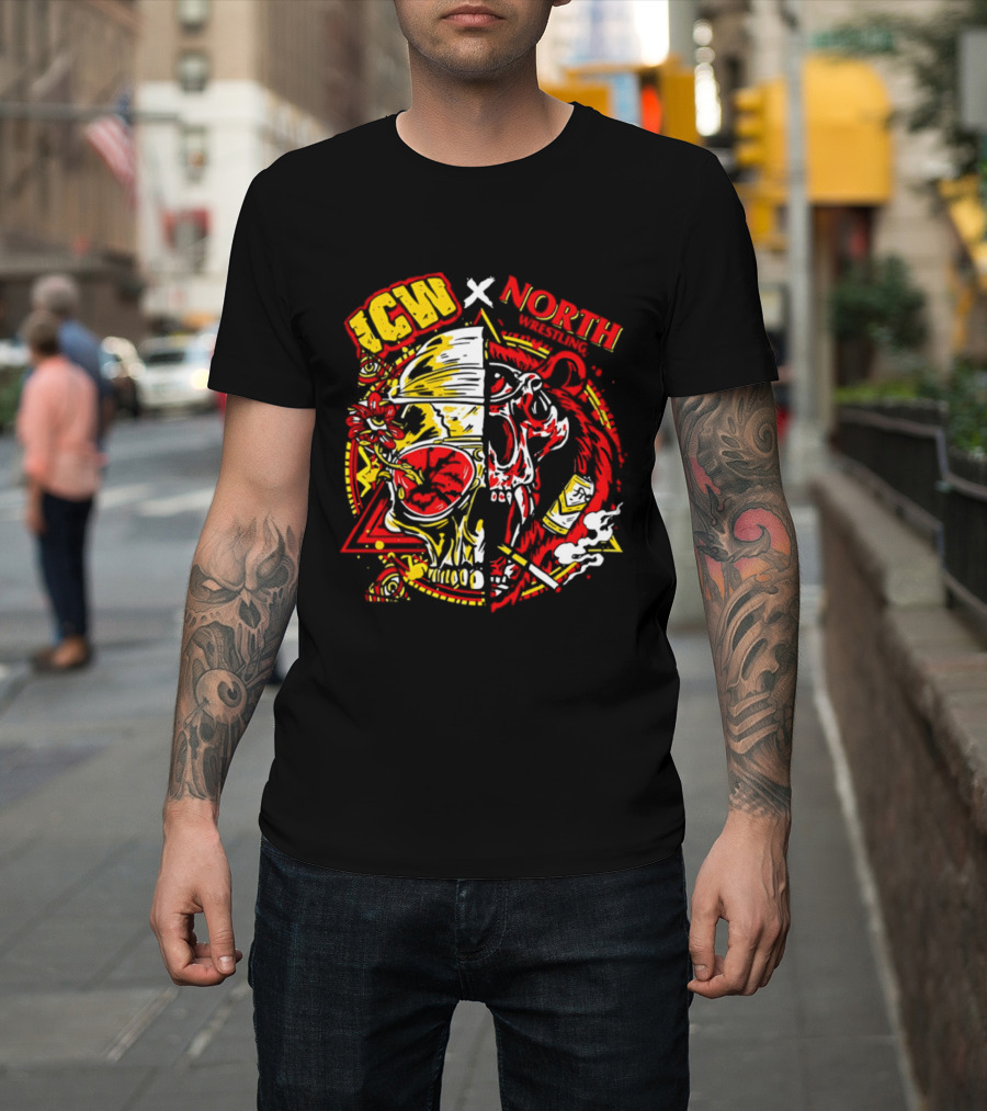 ICW X North Wrestling Split Skull Bear Head Concert Band T-Shirt