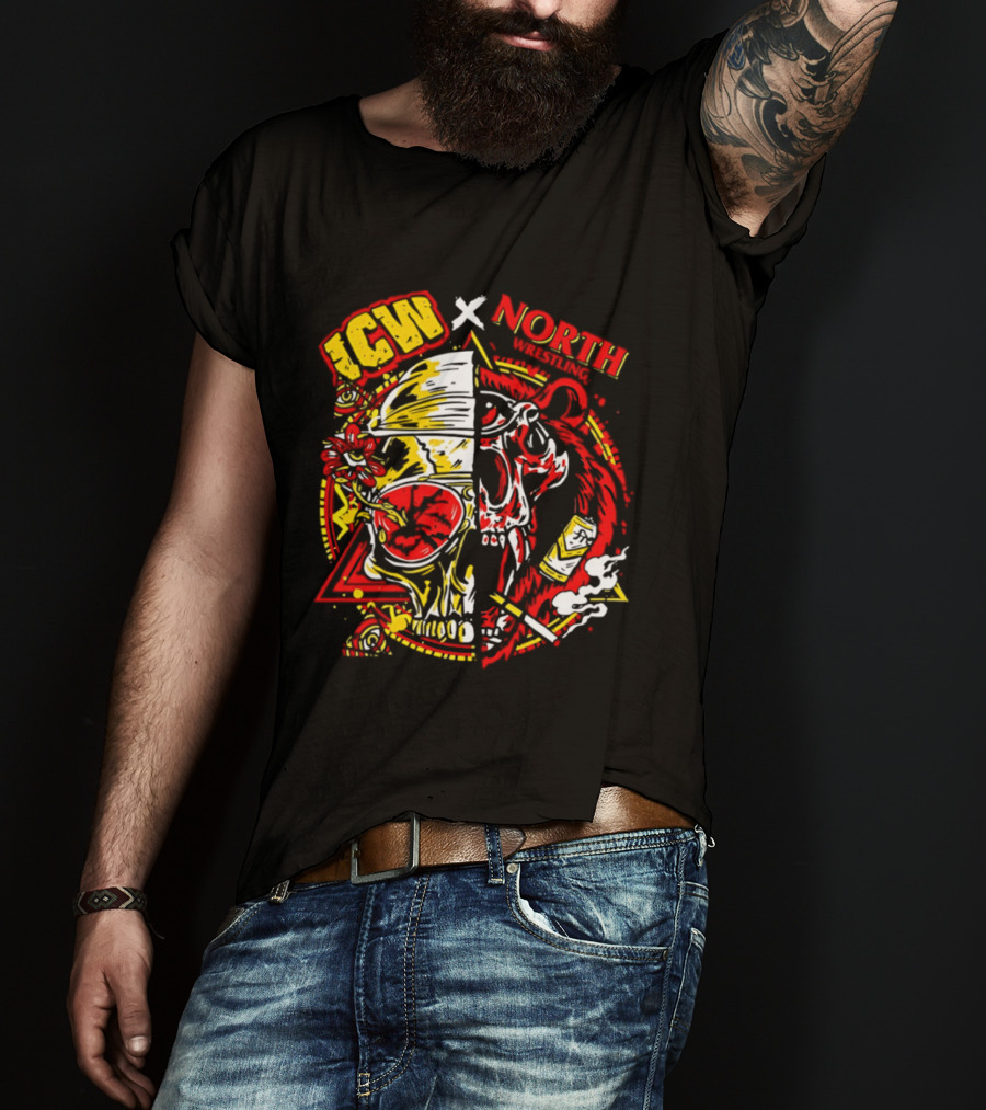 ICW X North Wrestling Split Skull Bear Head Concert Band T-Shirt
