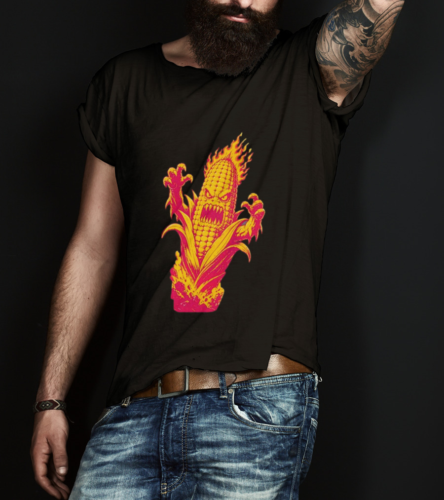 Fiery Mutant Corn Monster Kernels Of Terror Halloween Evil Cob T-Shirt