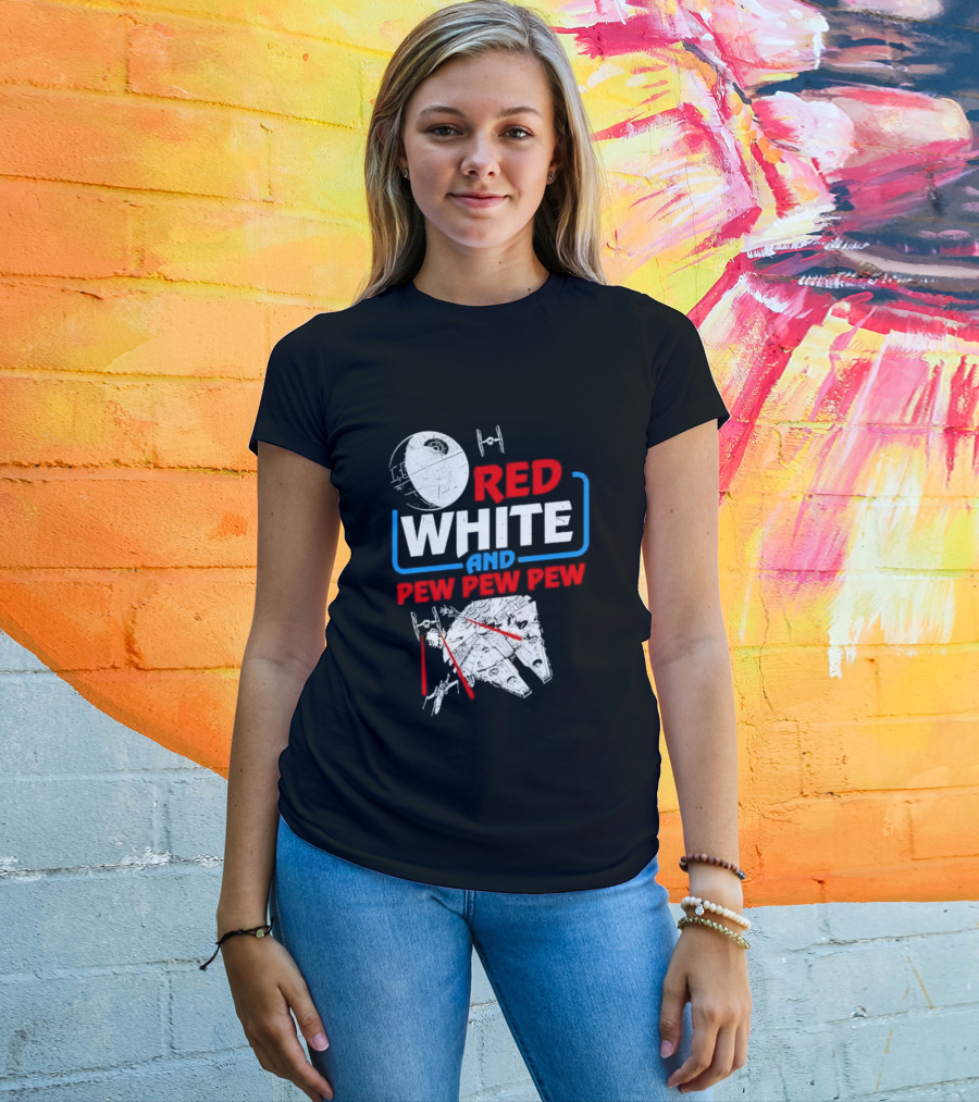 Star Wars Millennium Falcon Red White And Pew Pew Pew Death Star Tie Fighter T-Shirt