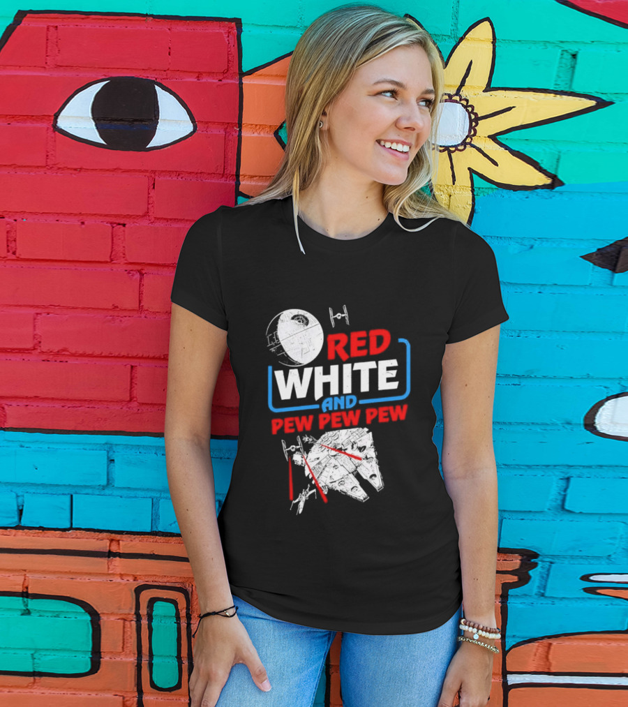 Star Wars Millennium Falcon Red White And Pew Pew Pew Death Star Tie Fighter T-Shirt