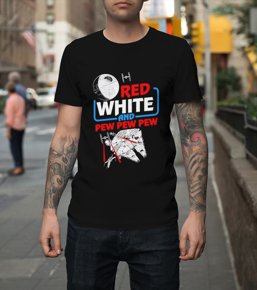 Star Wars Millennium Falcon Red White And Pew Pew Pew Death Star Tie Fighter T-Shirt