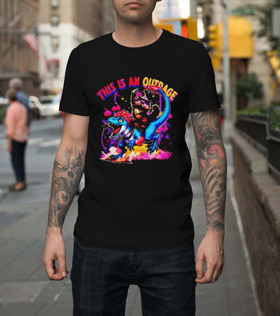 This Is An Outrage Cat Riding Blue Raptor Dinosaur Jurassic T-Shirt
