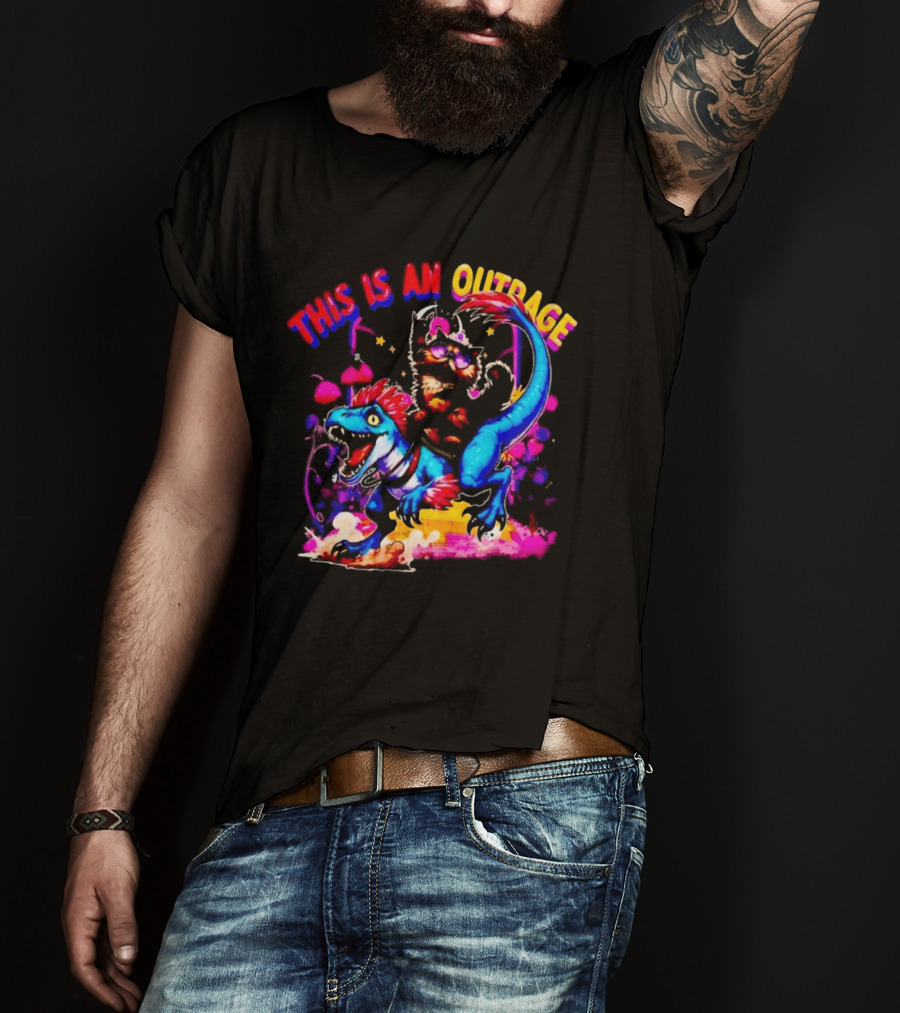 This Is An Outrage Cat Riding Blue Raptor Dinosaur Jurassic T-Shirt
