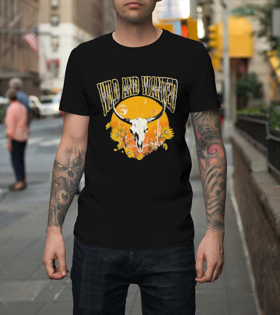 Wild And Wanted Bull Skull Sun Moon Desert Cactus Flowers Western Boho T-Shirt