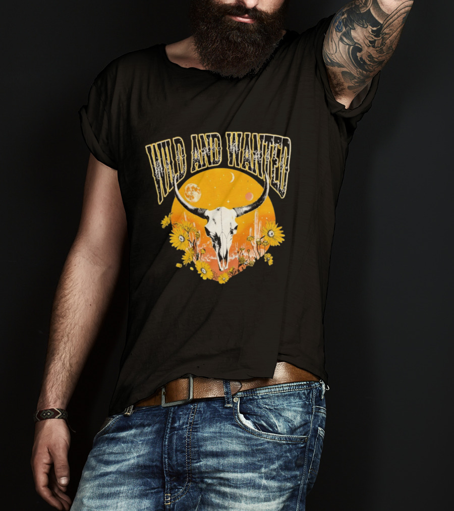 Wild And Wanted Bull Skull Sun Moon Desert Cactus Flowers Western Boho T-Shirt