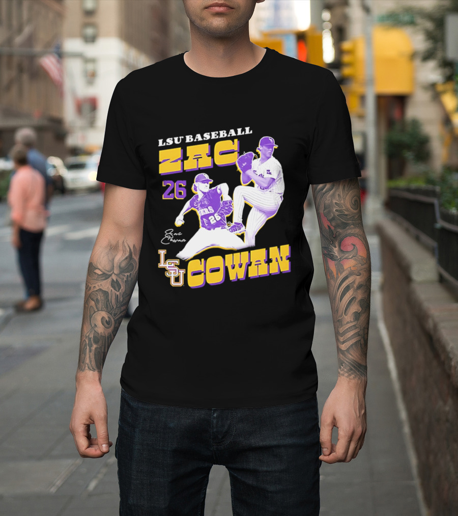 LSU Baseball Zac Cowan 26 Pitching Action Pose T-Shirt