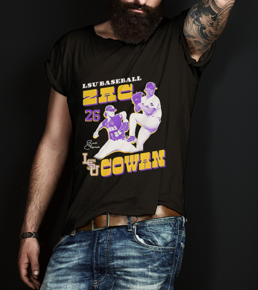 LSU Baseball Zac Cowan 26 Pitching Action Pose T-Shirt