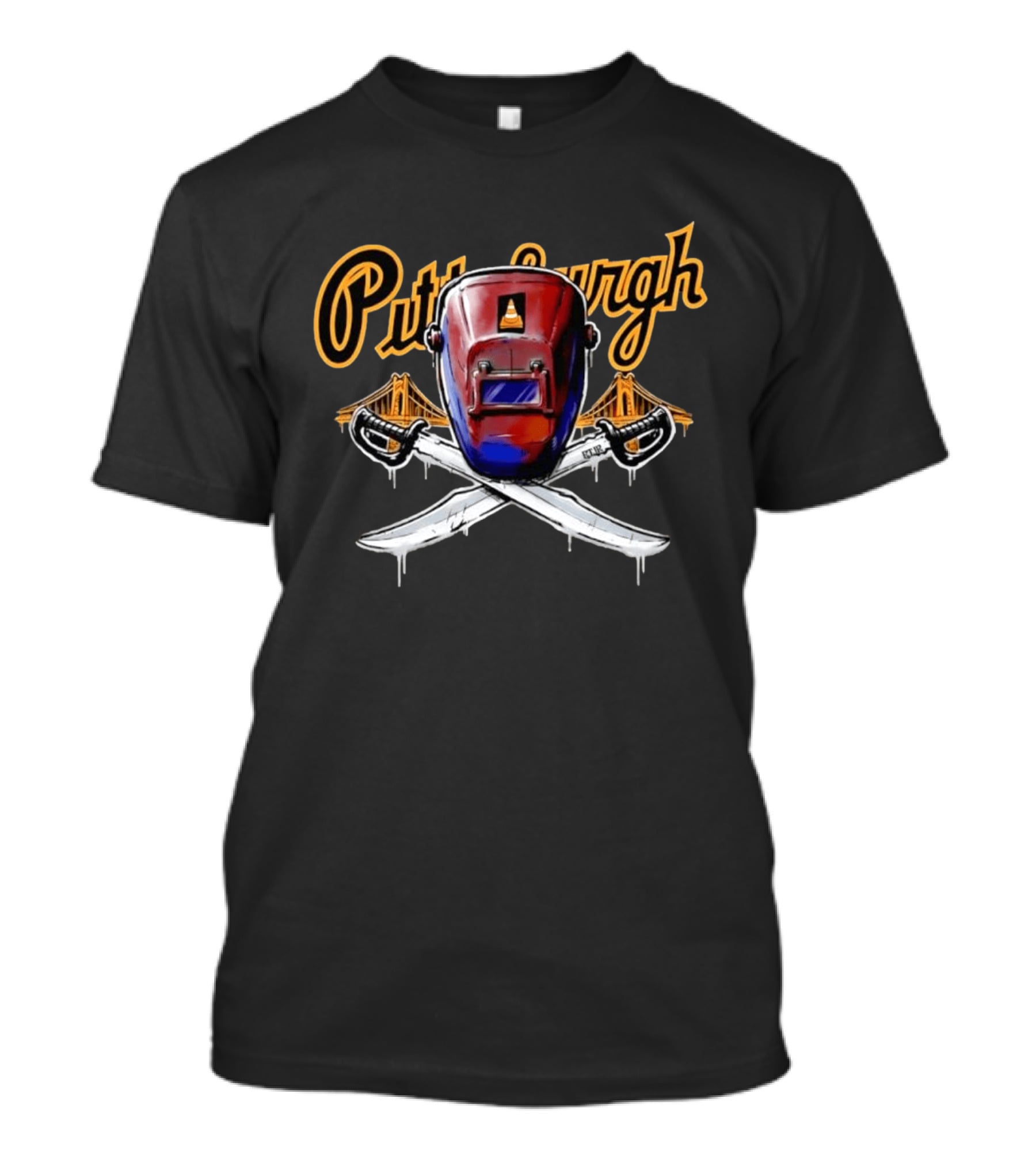 Pittsburgh Welding Mask Crossed Swords Bridge City Steel Construction Cone T-Shirt