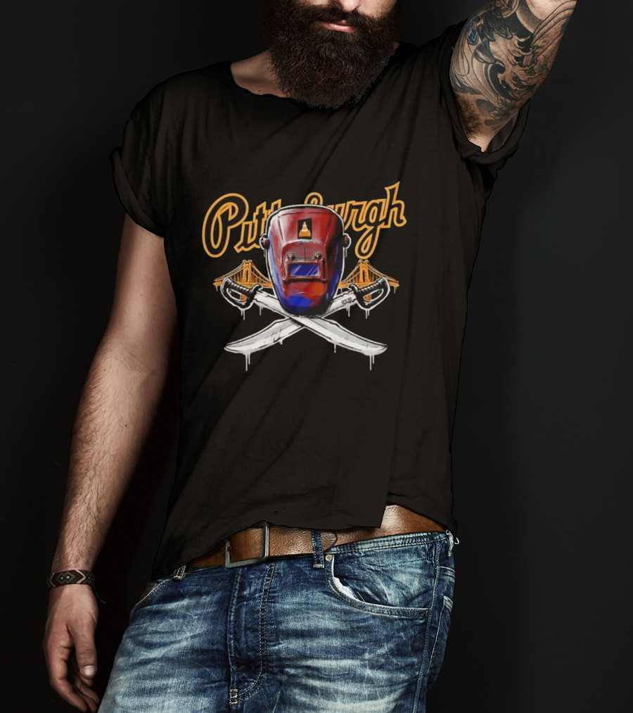 Pittsburgh Welding Mask Crossed Swords Bridge City Steel Construction Cone T-Shirt
