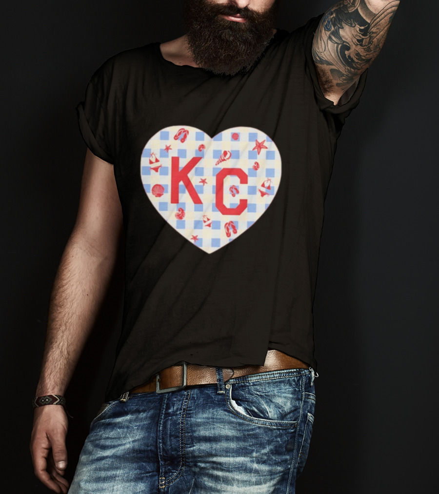 KC Heart Summertime Oatmeal Checkered Seashells And Starfish T-Shirt