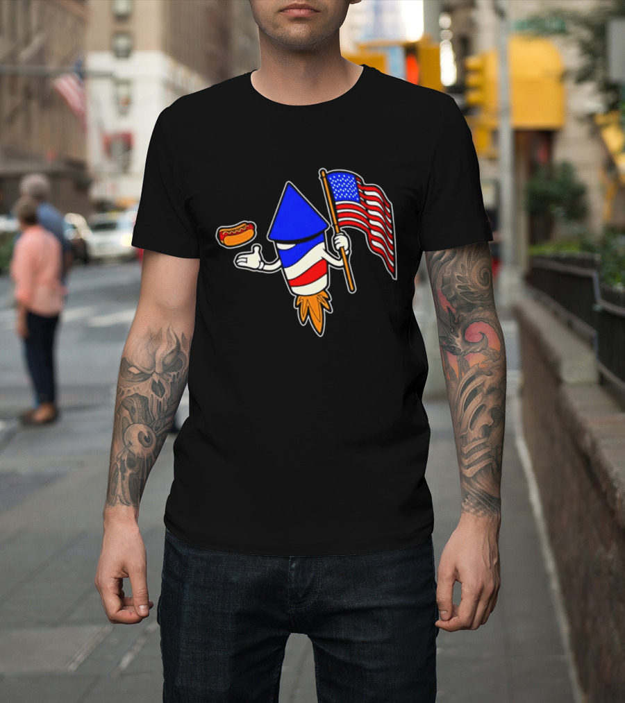 Fireworks Rocket American Flag And Hot Dog Celebration T-Shirt