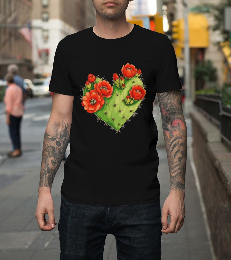 Heart Shaped Cactus With Vibrant Red Flowers T-Shirt