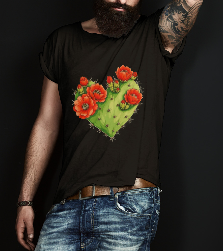 Heart Shaped Cactus With Vibrant Red Flowers T-Shirt