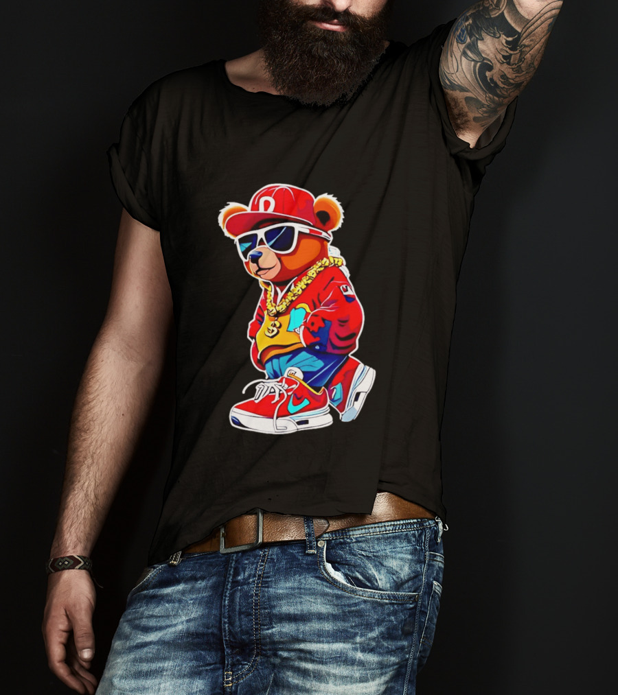 Hip Hop Teddy Bear Swag With Red Cap And Sunglasses T-Shirt