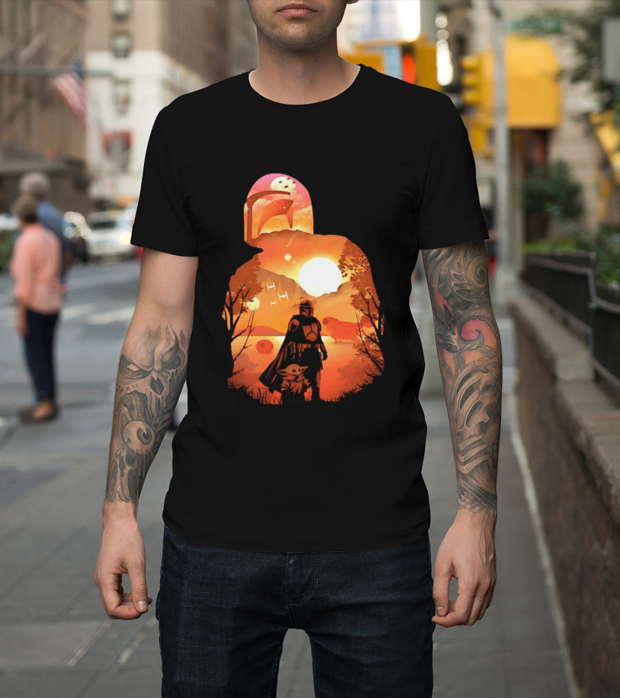Hunting Companions Bounty Hunter Sunset Mandalorian Grogu Art By Dandingeroz T-Shirt