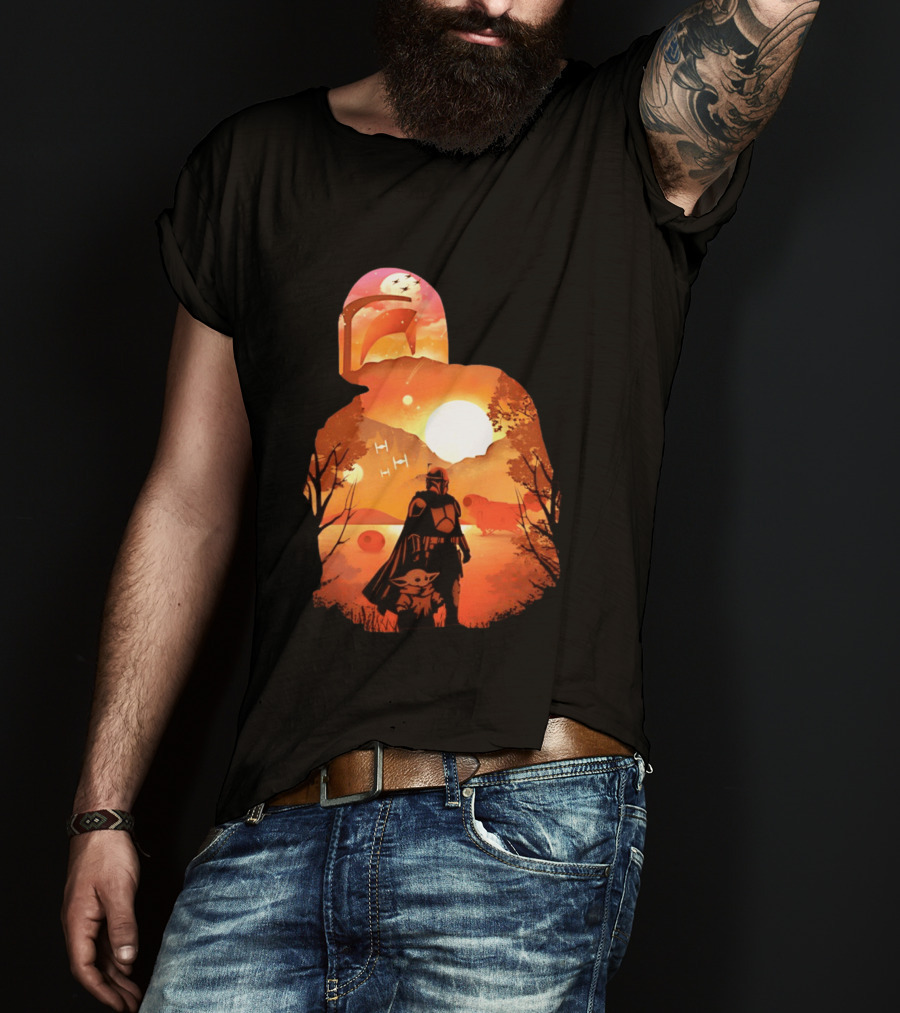 Hunting Companions Bounty Hunter Sunset Mandalorian Grogu Art By Dandingeroz T-Shirt