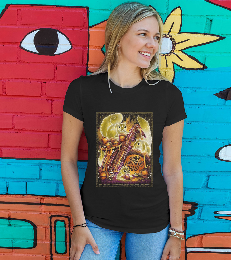 Dave Matthews Band June 5 2026 Coastal Credit Union Music Park Raleigh NC Squirrels Saxophone Acorns T-Shirt