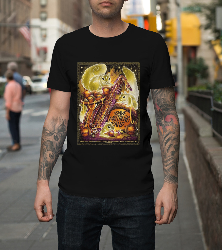 Dave Matthews Band June 5 2026 Coastal Credit Union Music Park Raleigh NC Squirrels Saxophone Acorns T-Shirt
