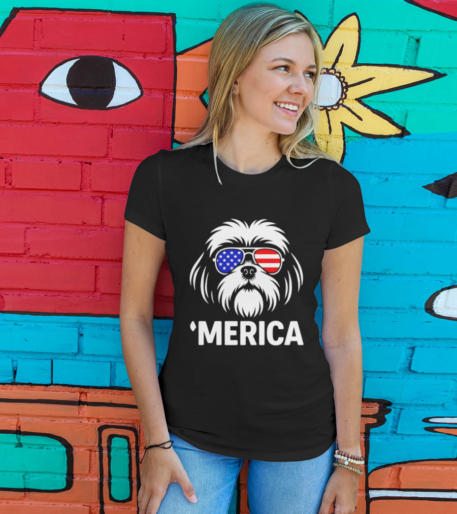Shih Tzu Dog 'Merica American Flag Sunglasses T-Shirt