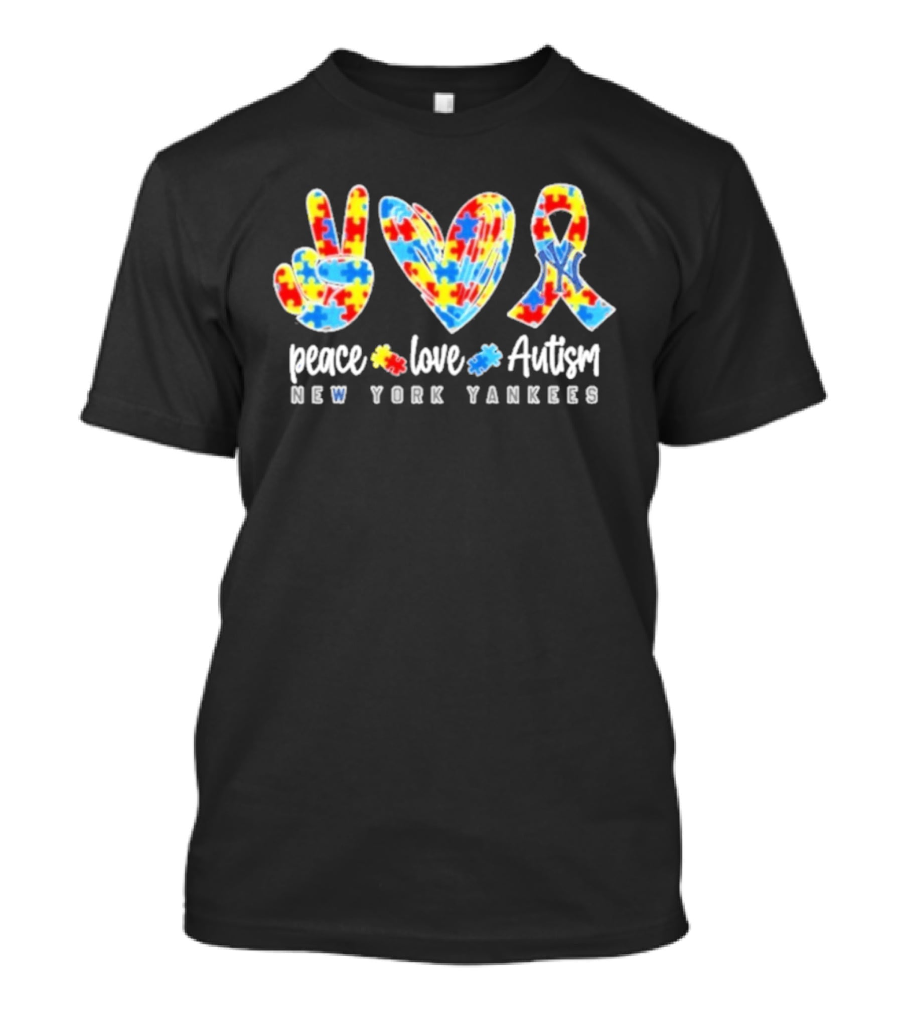 New York Yankees Peace Love Autism Puzzle Ribbon T-Shirt