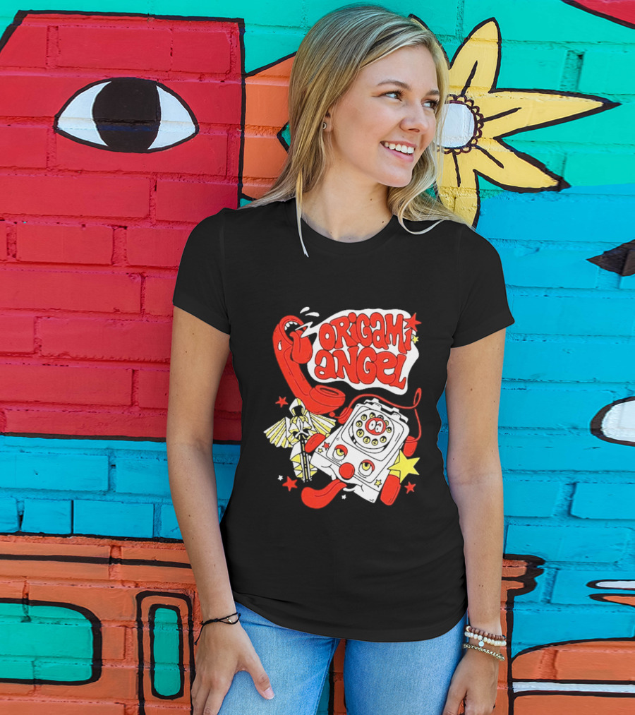 Origami Angel Retro Phone Illustration With Stars And Wings T-Shirt