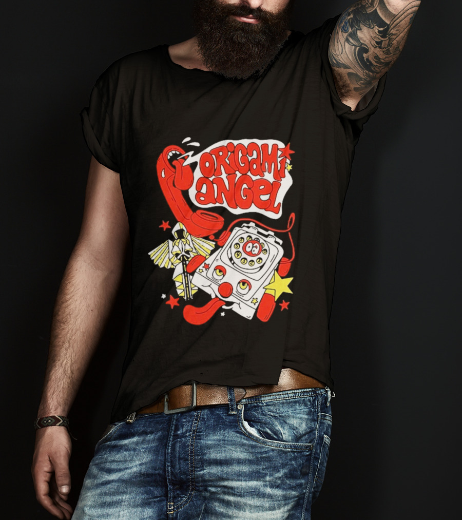 Origami Angel Retro Phone Illustration With Stars And Wings T-Shirt