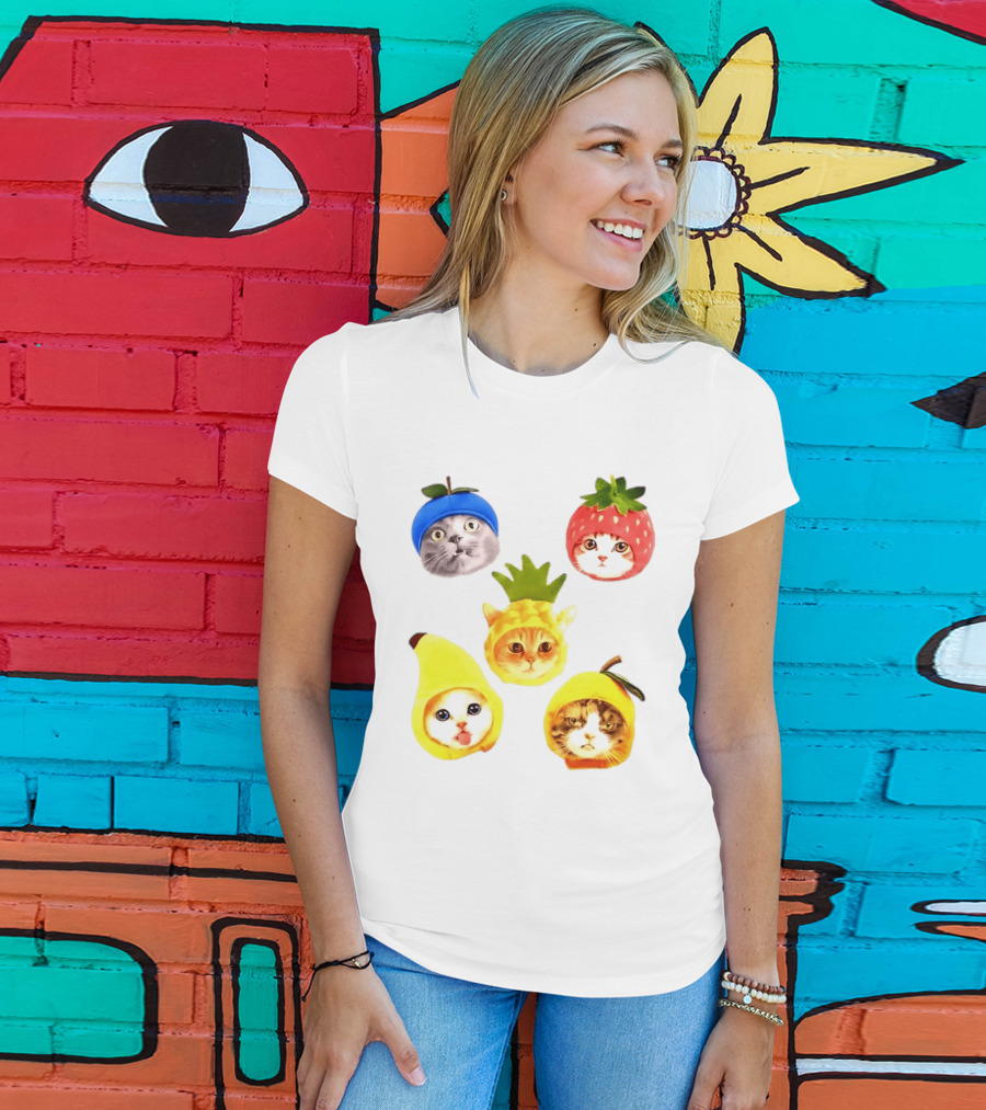 Whimsical Cats In Fruit Hats Blueberry Strawberry Pineapple Banana Apple T-Shirt