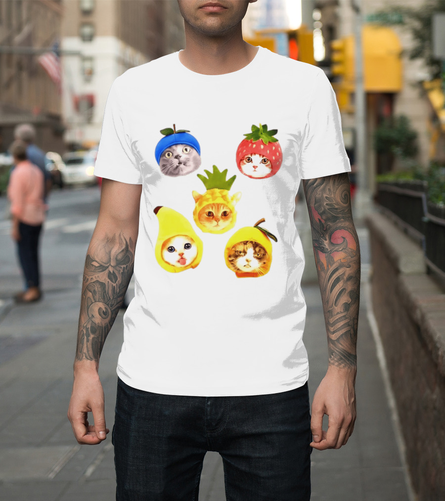 Whimsical Cats In Fruit Hats Blueberry Strawberry Pineapple Banana Apple T-Shirt