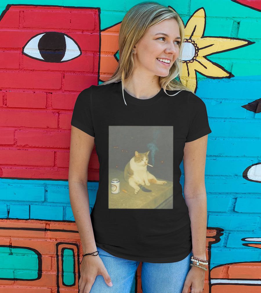 Depressed Cat Smoking Cigarette Meme With Beer Can T-Shirt