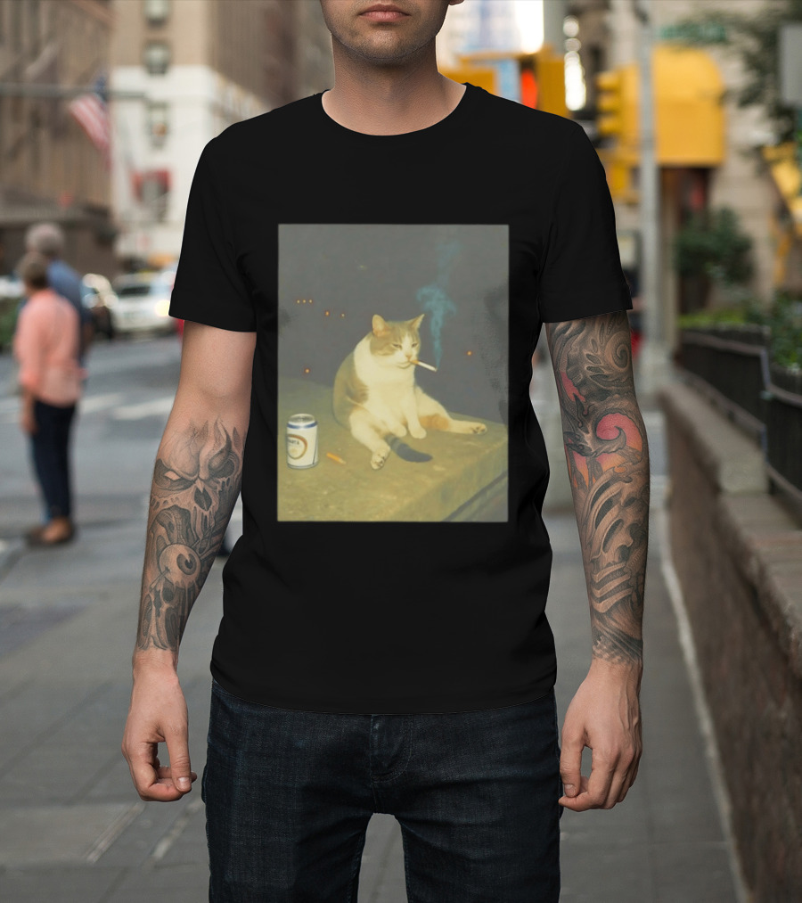 Depressed Cat Smoking Cigarette Meme With Beer Can T-Shirt