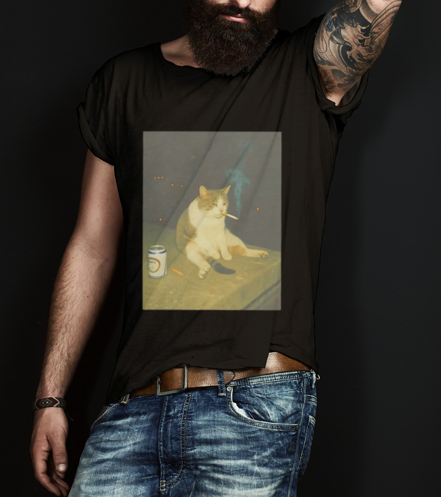 Depressed Cat Smoking Cigarette Meme With Beer Can T-Shirt